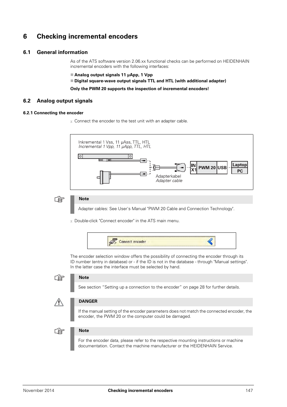 6 checking incremental encoders, 1 general information, 2 analog output signals | 1 connecting the encoder, 6checking incremental encoders | HEIDENHAIN PWM 20 User Manual | Page 144 / 244