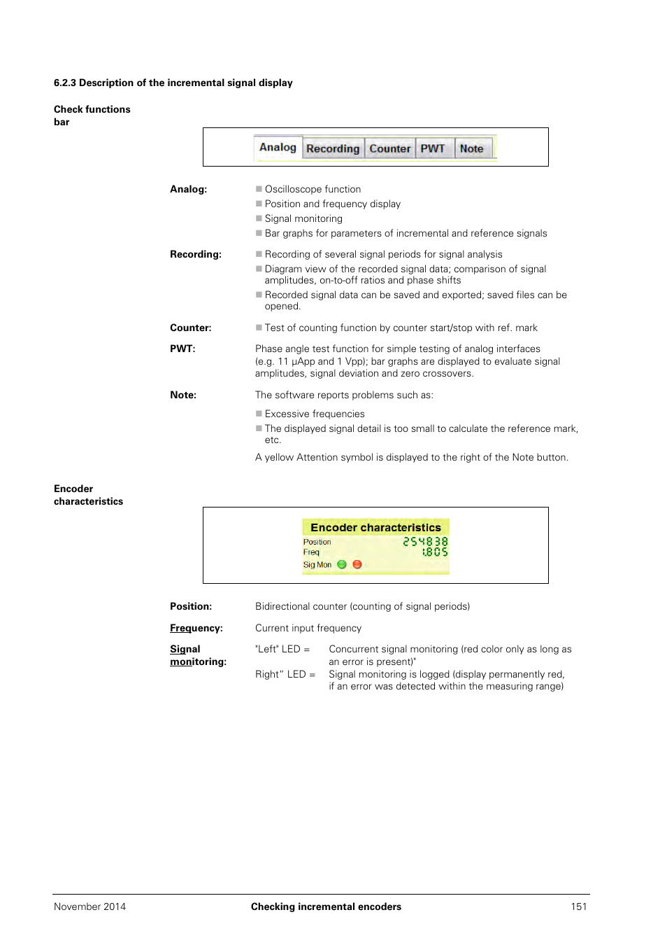 3 description of the incremental signal display, Check functions bar, Encoder characteristics | HEIDENHAIN PWM 20 User Manual | Page 148 / 244