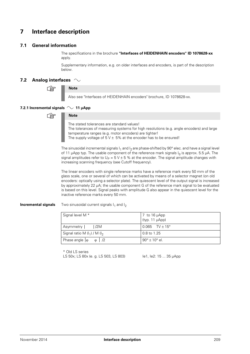 7 interface description, 1 general information, 2 analog interfaces | 1 incremental signals11 µapp, Incremental signals, 7interface description | HEIDENHAIN PWM 20 User Manual | Page 208 / 244