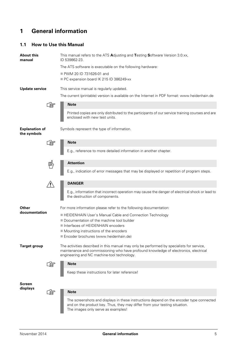 1 general information, 1 how to use this manual, About this manual | Update service, Explanation of the symbols, Other documentation, Target group, Screen displays, 1general information | HEIDENHAIN PWM 20 User Manual | Page 4 / 244