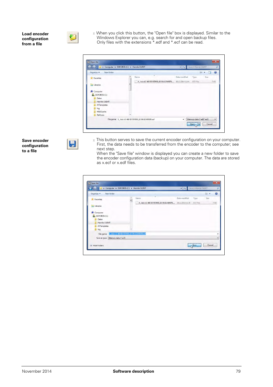 Load encoder configuration from a file, Save encoder configuration to a file | HEIDENHAIN PWM 20 User Manual | Page 78 / 244