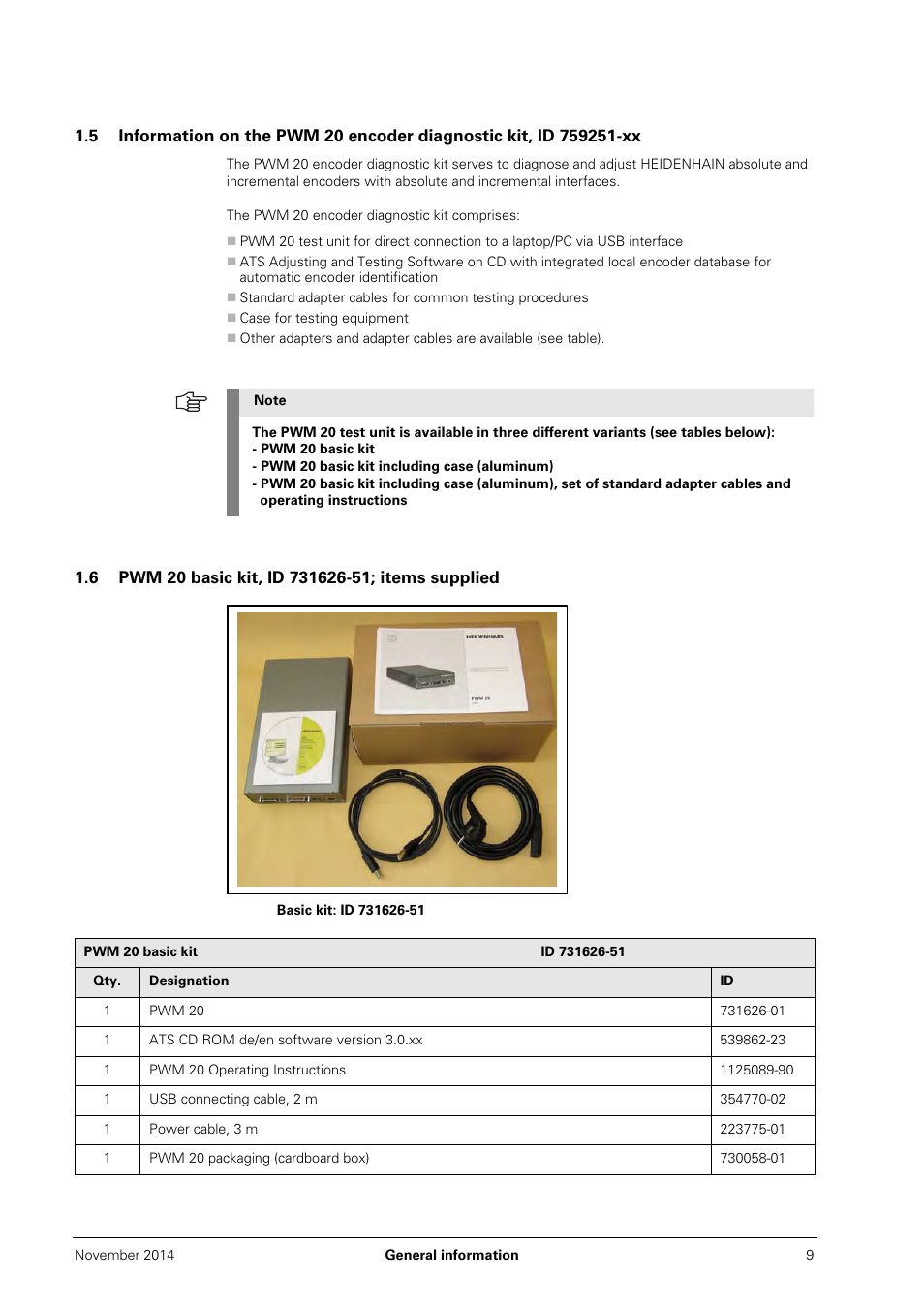 6 pwm 20 basic kit, id 731626-51; items supplied | HEIDENHAIN PWM 20 User Manual | Page 8 / 244
