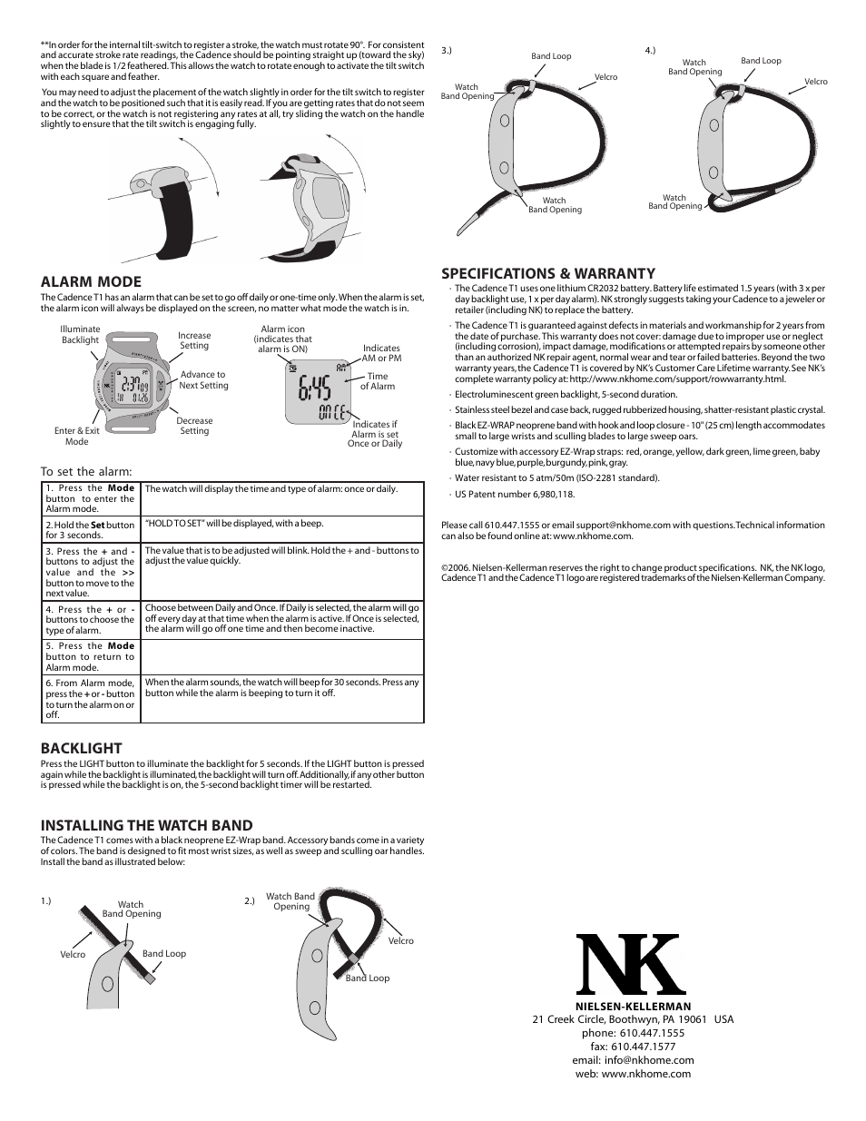 Alarm mode, Backlight, Installing the watch band | Specifications & warranty | Cadence THE MANUFACTURER IS ACTUALLY NK User Manual | Page 2 / 2