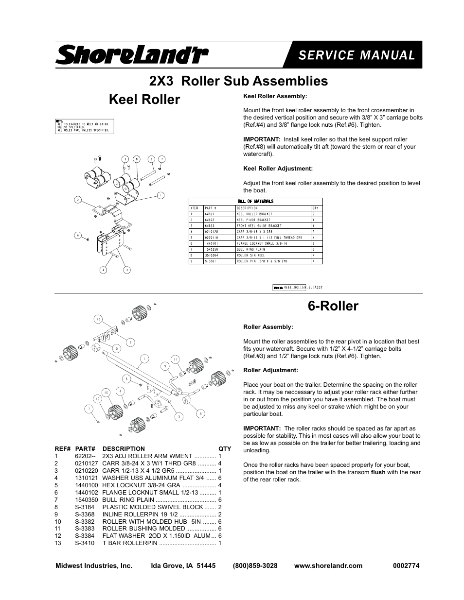 2x3 roller sub assemblies keel roller 6-roller | ShoreLand'r 2x3 User Manual | Page 29 / 32