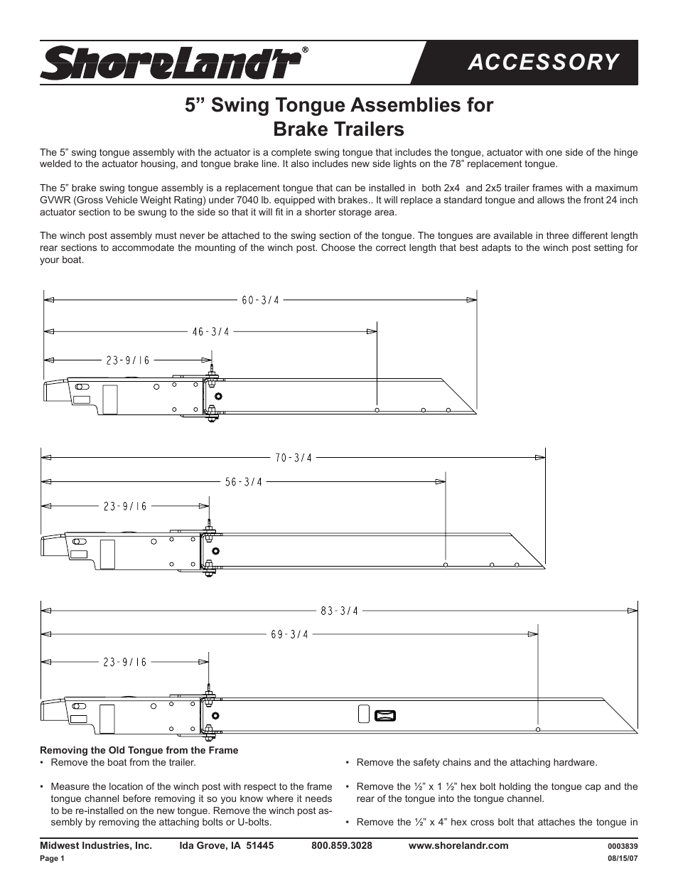 ShoreLand'r 5 Brake Swing Tongue User Manual | 2 pages