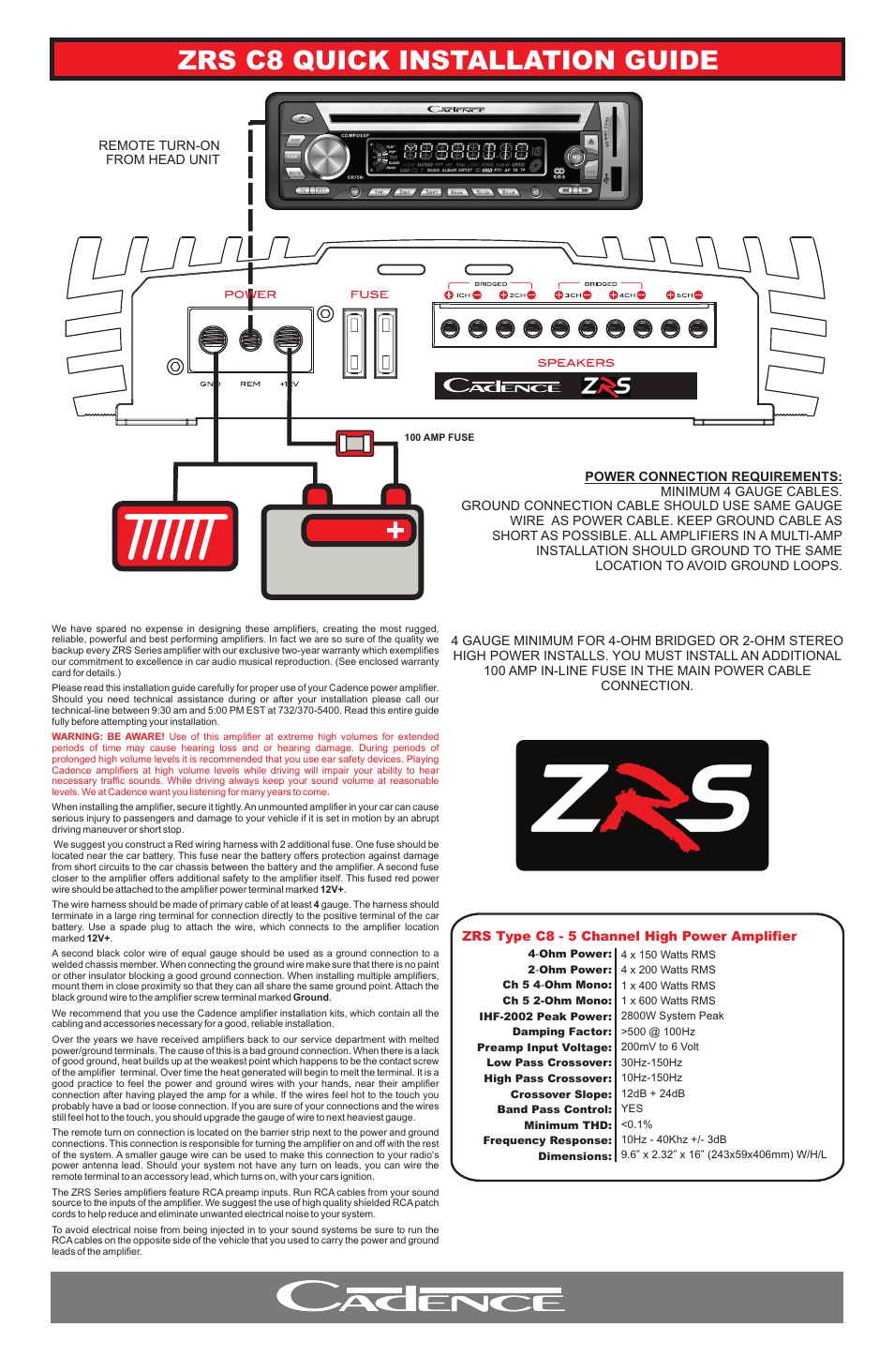 Cadence ZRS C8 User Manual | 4 pages