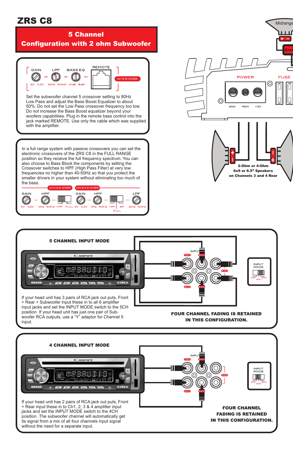 Zrs c8, 5 channel configuration with 2 ohm subwoofer | Cadence ZRS C8 User Manual | Page 2 / 4