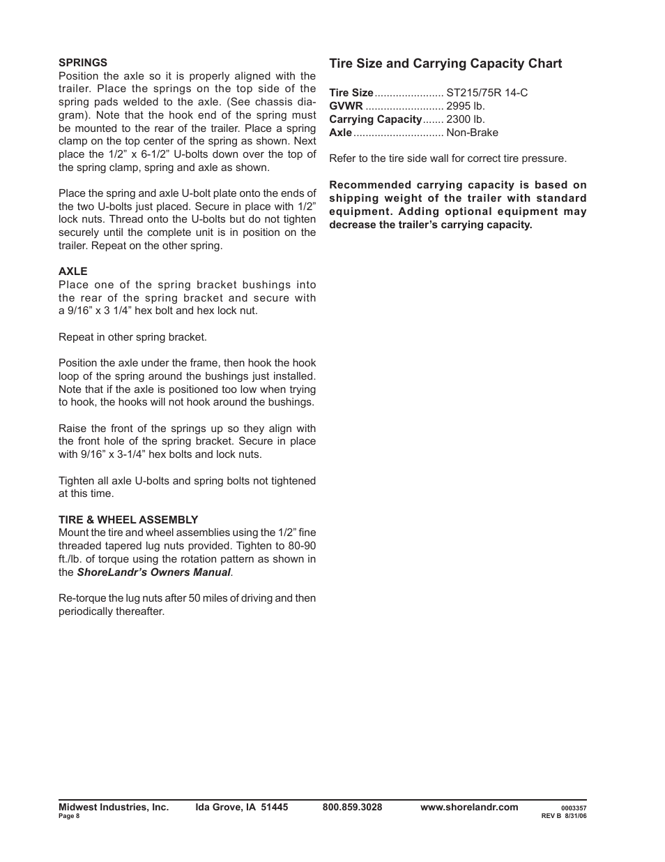 Tire size and carrying capacity chart | ShoreLand'r B2314S User Manual | Page 8 / 10