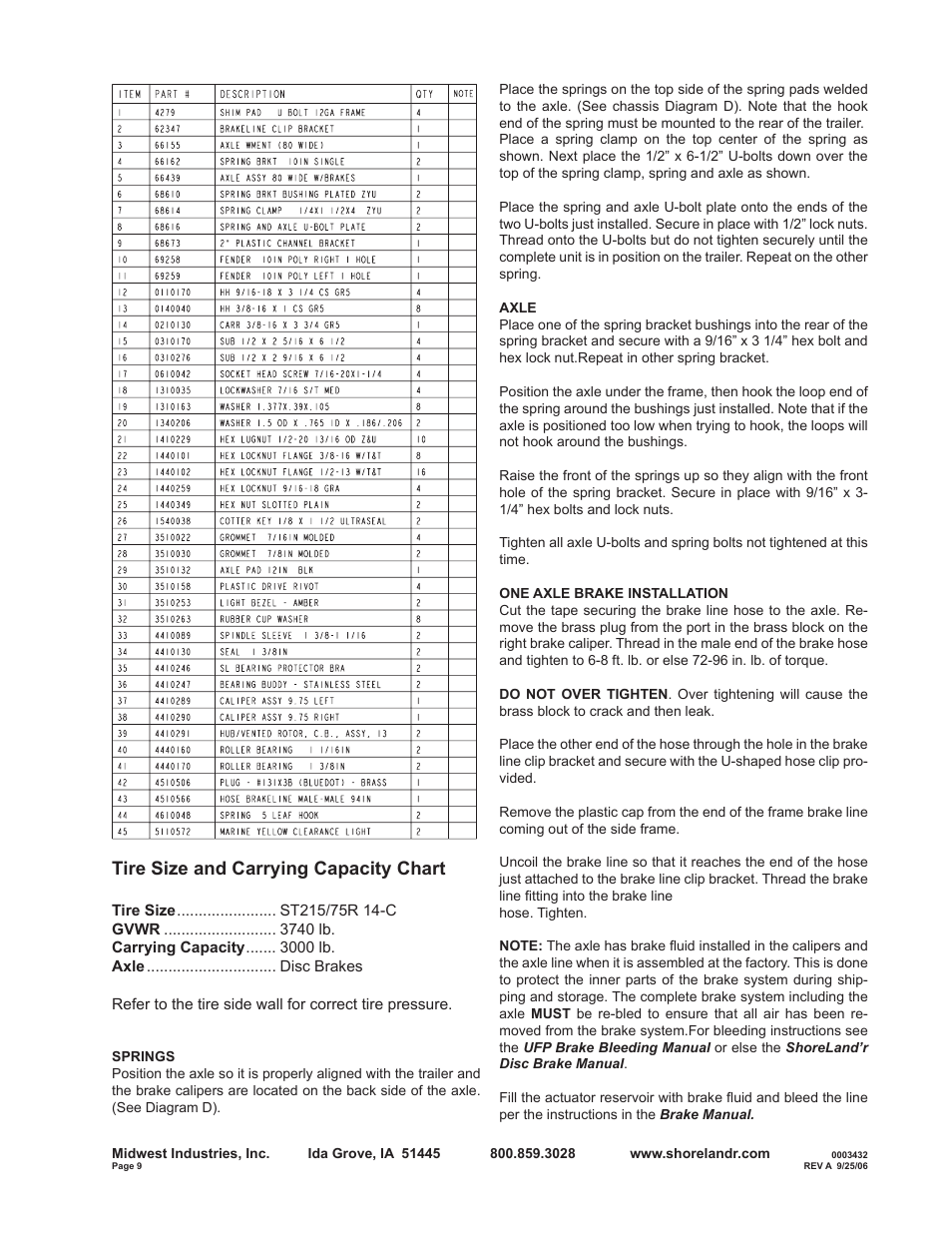 Tire size and carrying capacity chart | ShoreLand'r B30BLW User Manual | Page 9 / 12