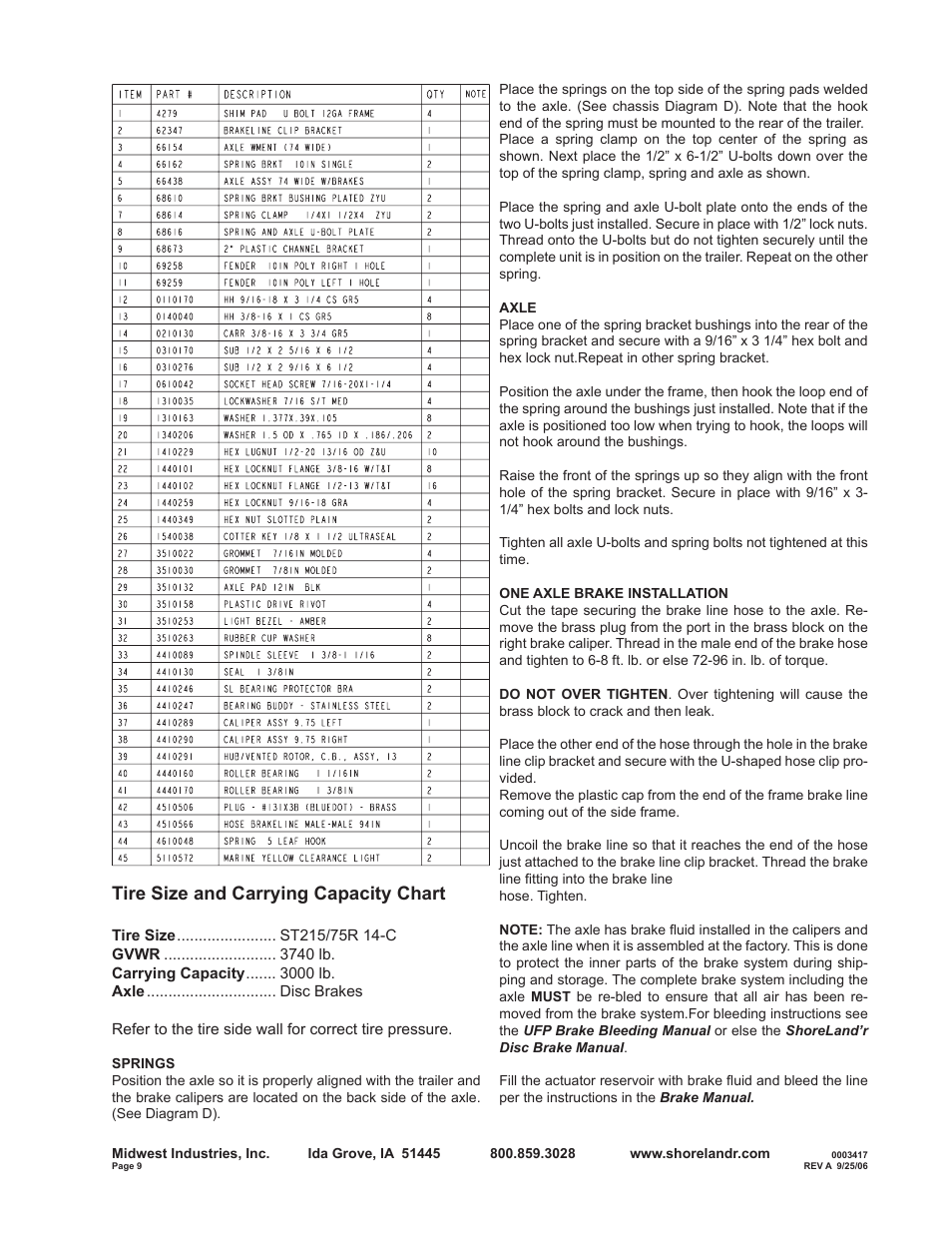 Tire size and carrying capacity chart | ShoreLand'r B30BS User Manual | Page 9 / 12