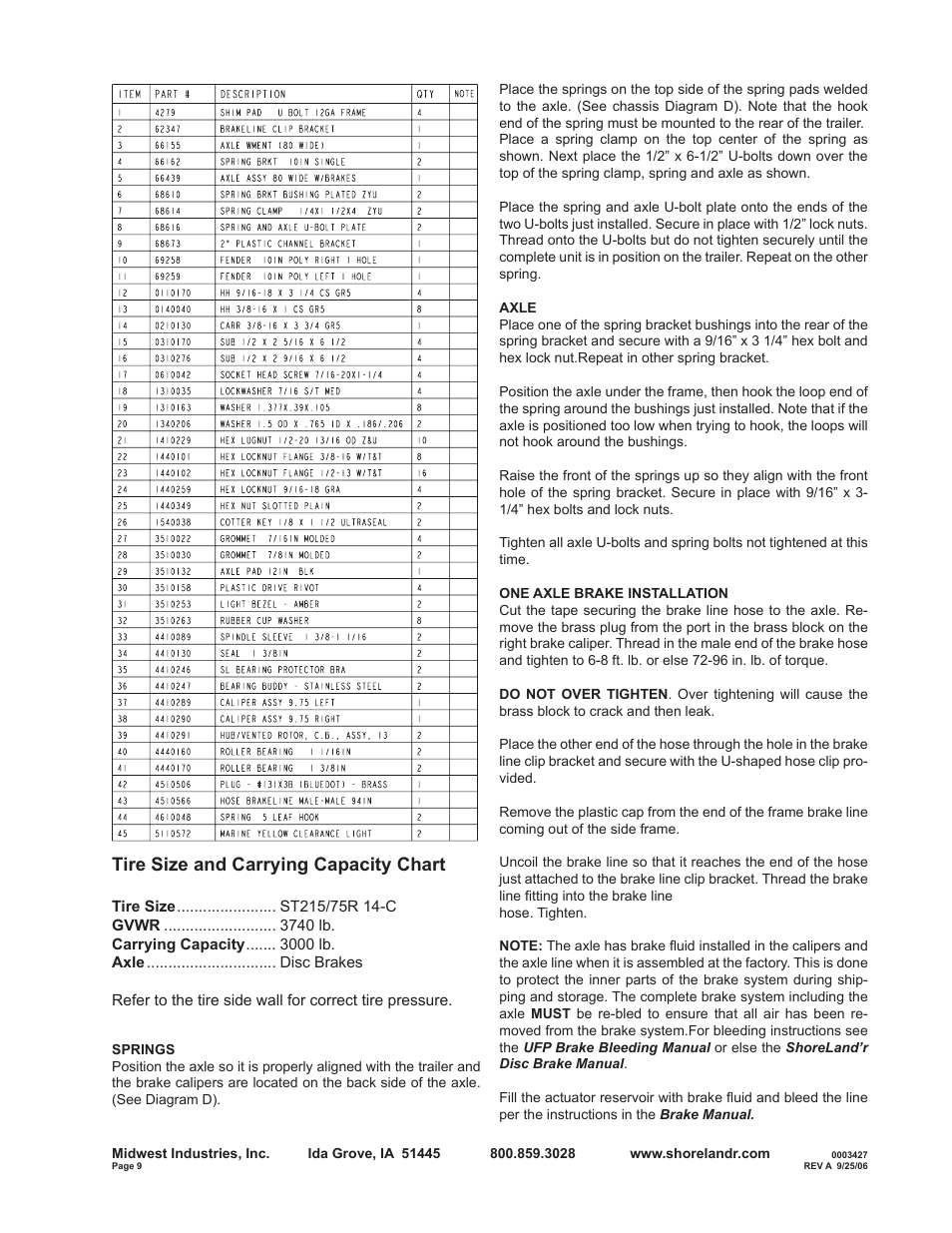 Tire size and carrying capacity chart | ShoreLand'r B30BSW User Manual | Page 9 / 12
