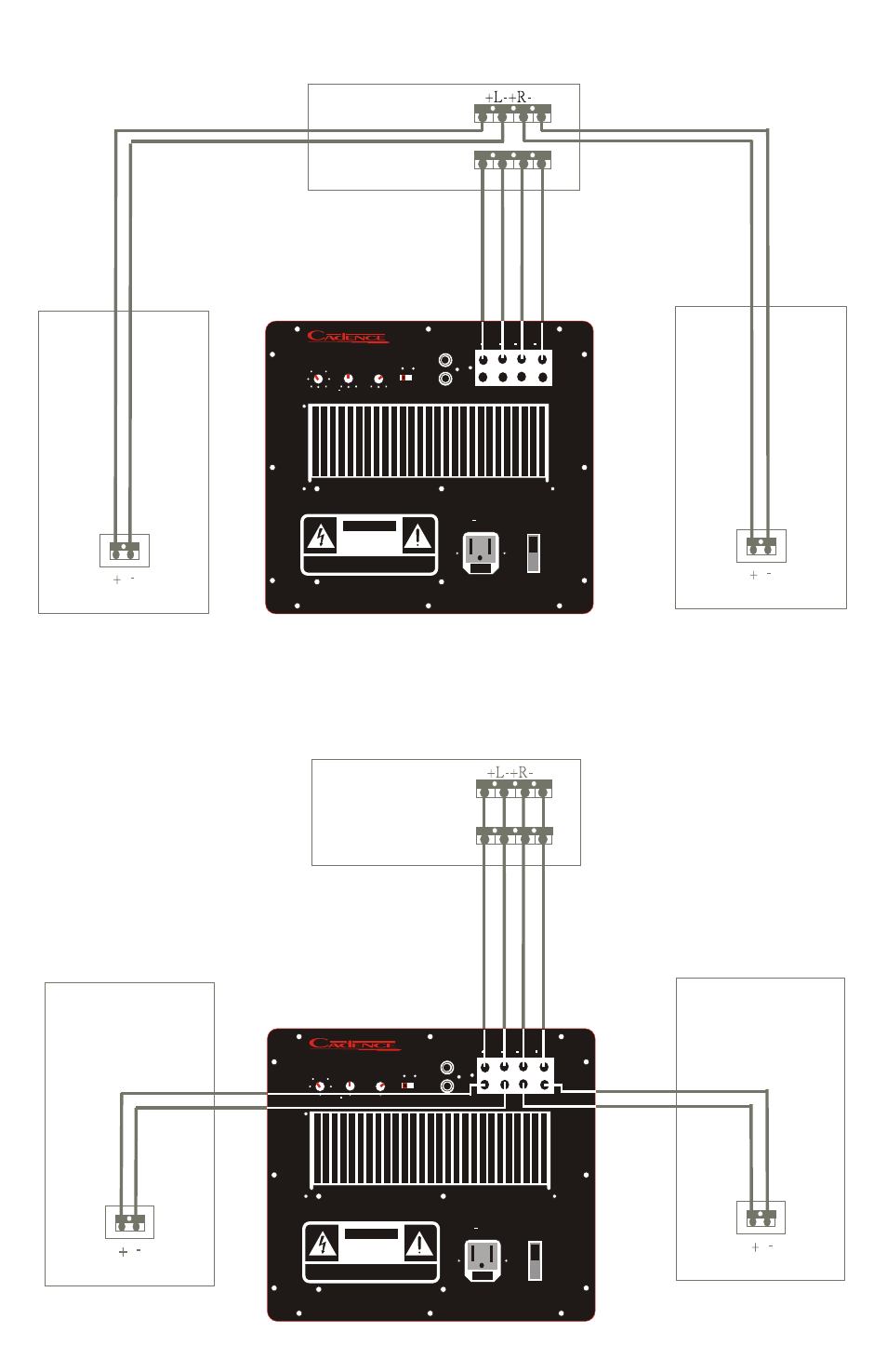 Xlns-12 / high level connection system option 1, Xlns-12 high level connection system option 2, Right satellite speaker left satellite speaker | Amplifier or receiver, Speaker output, Caution | Cadence XLNS-12 User Manual | Page 4 / 8