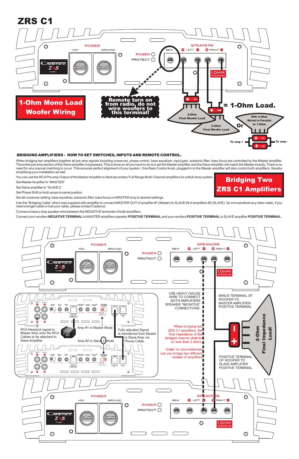 Zrs c1, Ohm load, Daisy chaining zrs c1 amplifiers | Ohm mono load woofer wiring | Cadence ZRS C1 User Manual | Page 2 / 4