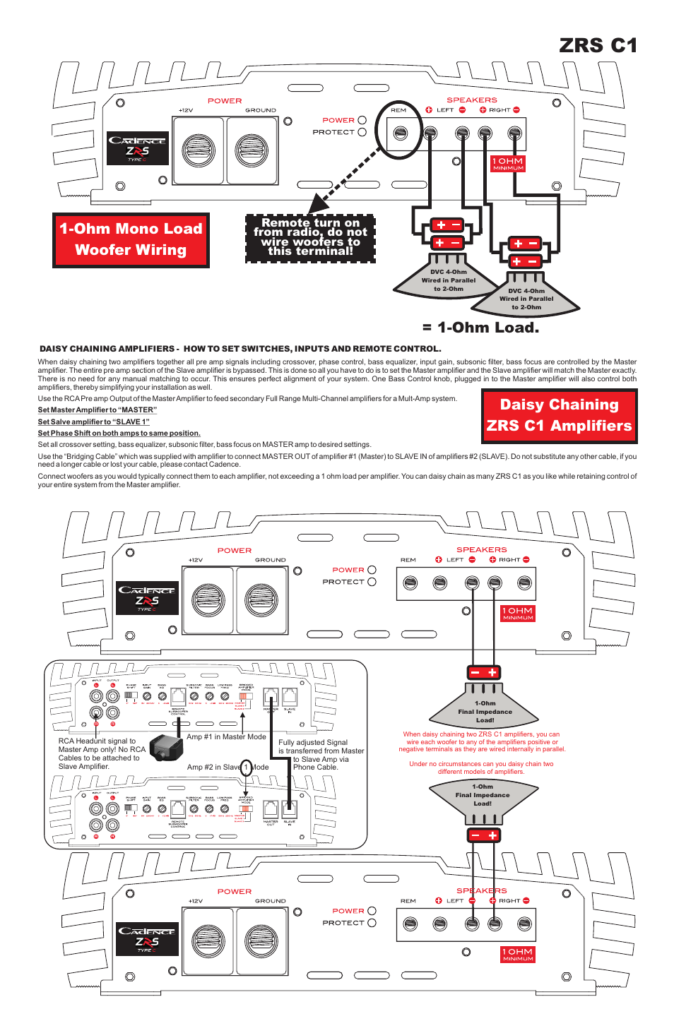 Zrs c1, Ohm load, Daisy chaining zrs c1 amplifiers | Ohm mono load woofer wiring | Cadence ZRS C1 User Manual | Page 3 / 4