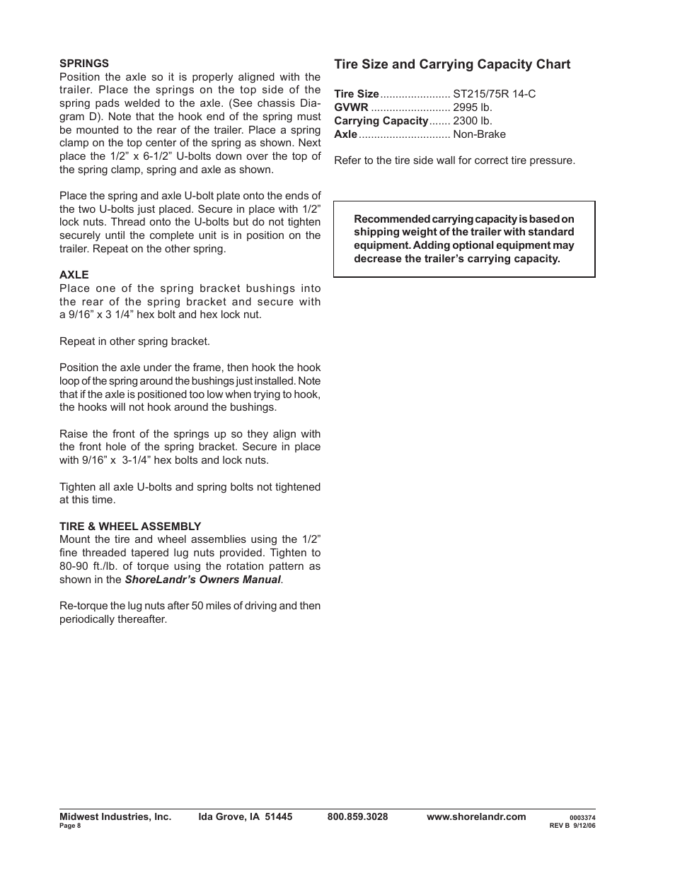 Tire size and carrying capacity chart | ShoreLand'r RB2314LW User Manual | Page 8 / 12