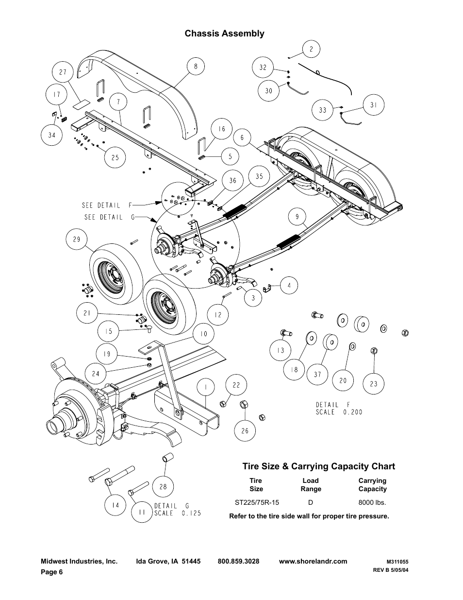 Tire size & carrying capacity chart, Chassis assembly | ShoreLand'r SL80TAL User Manual | Page 6 / 16