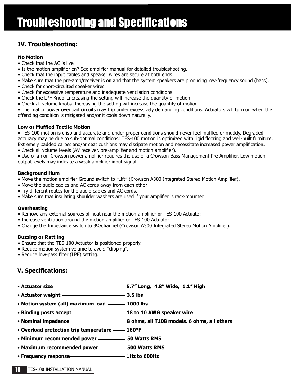 Troubleshooting and speciﬁcations | Crowson Technology Tactile Motion Effects System T100SCI User Manual | Page 10 / 12