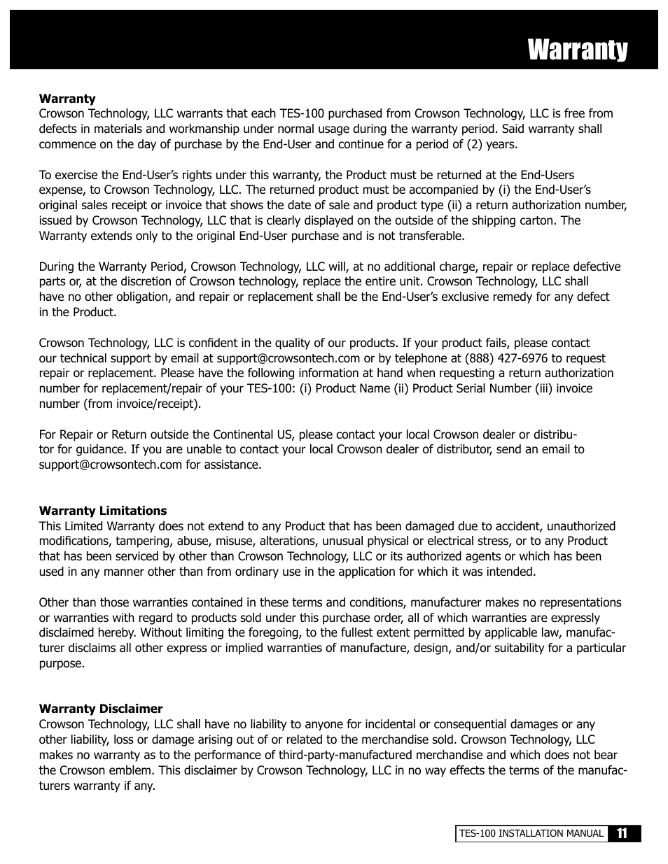Warranty | Crowson Technology Tactile Motion Effects System T100SCI User Manual | Page 11 / 12