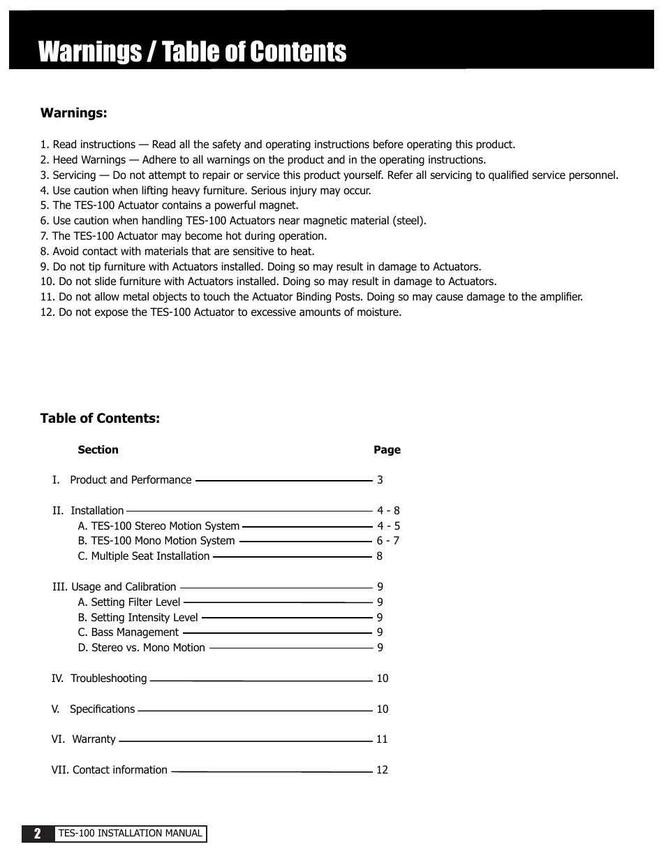 Warnings / table of contents | Crowson Technology Tactile Motion Effects System T100SCI User Manual | Page 2 / 12
