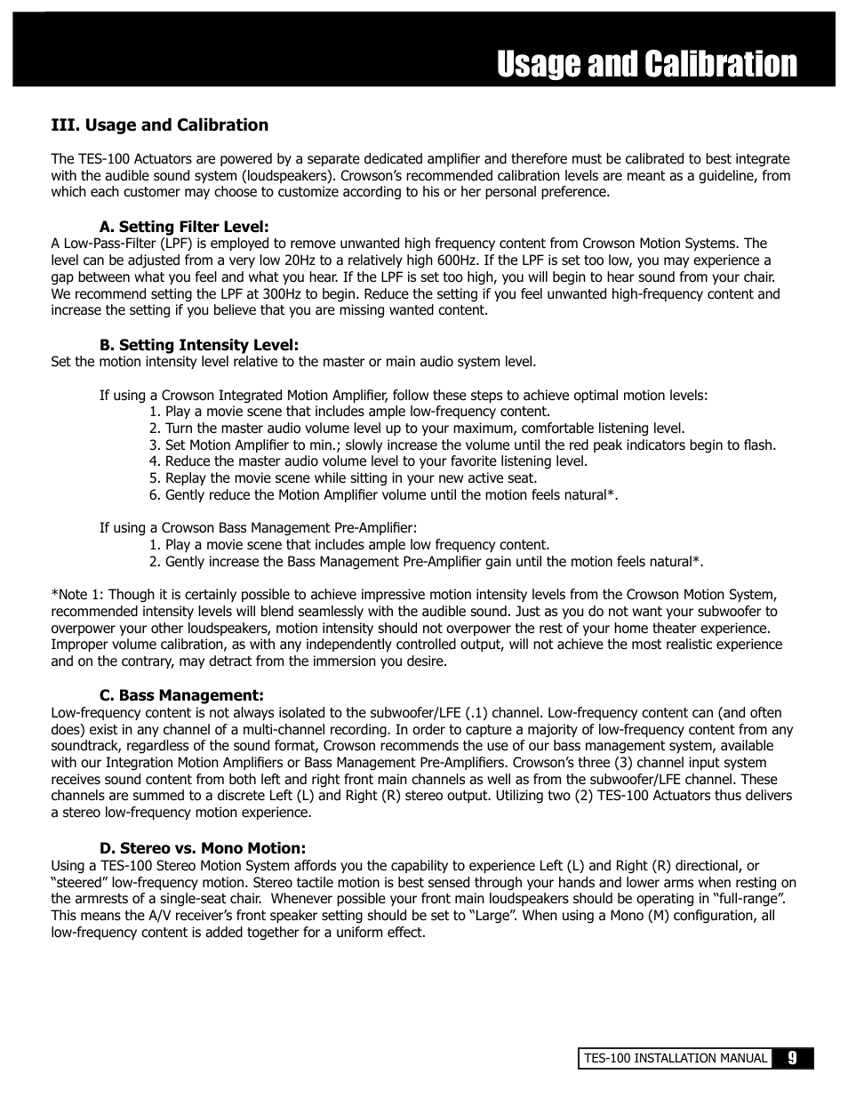 Usage and calibration | Crowson Technology Tactile Motion Effects System T100SCI User Manual | Page 9 / 12