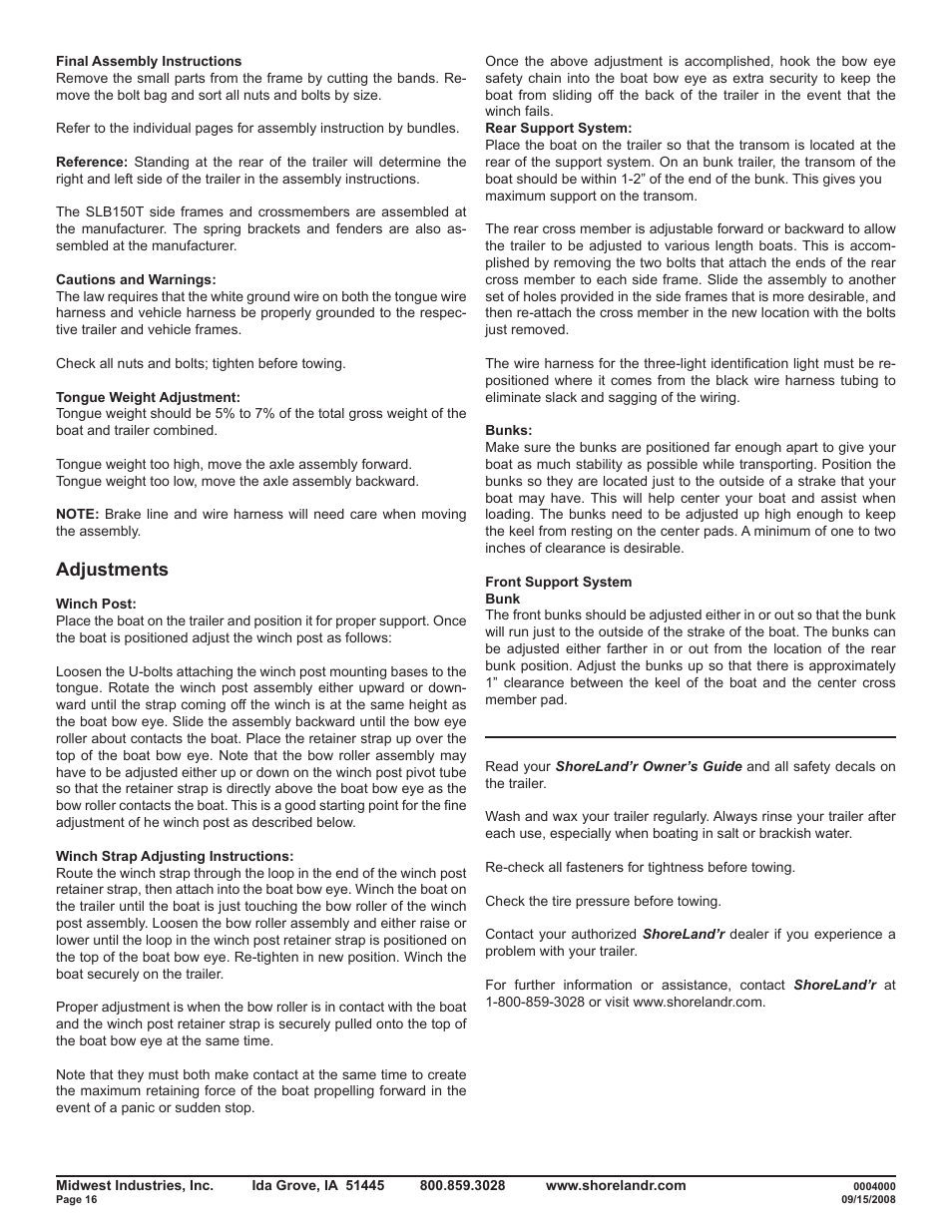 Adjustments | ShoreLand'r SLB150TAL User Manual | Page 16 / 16