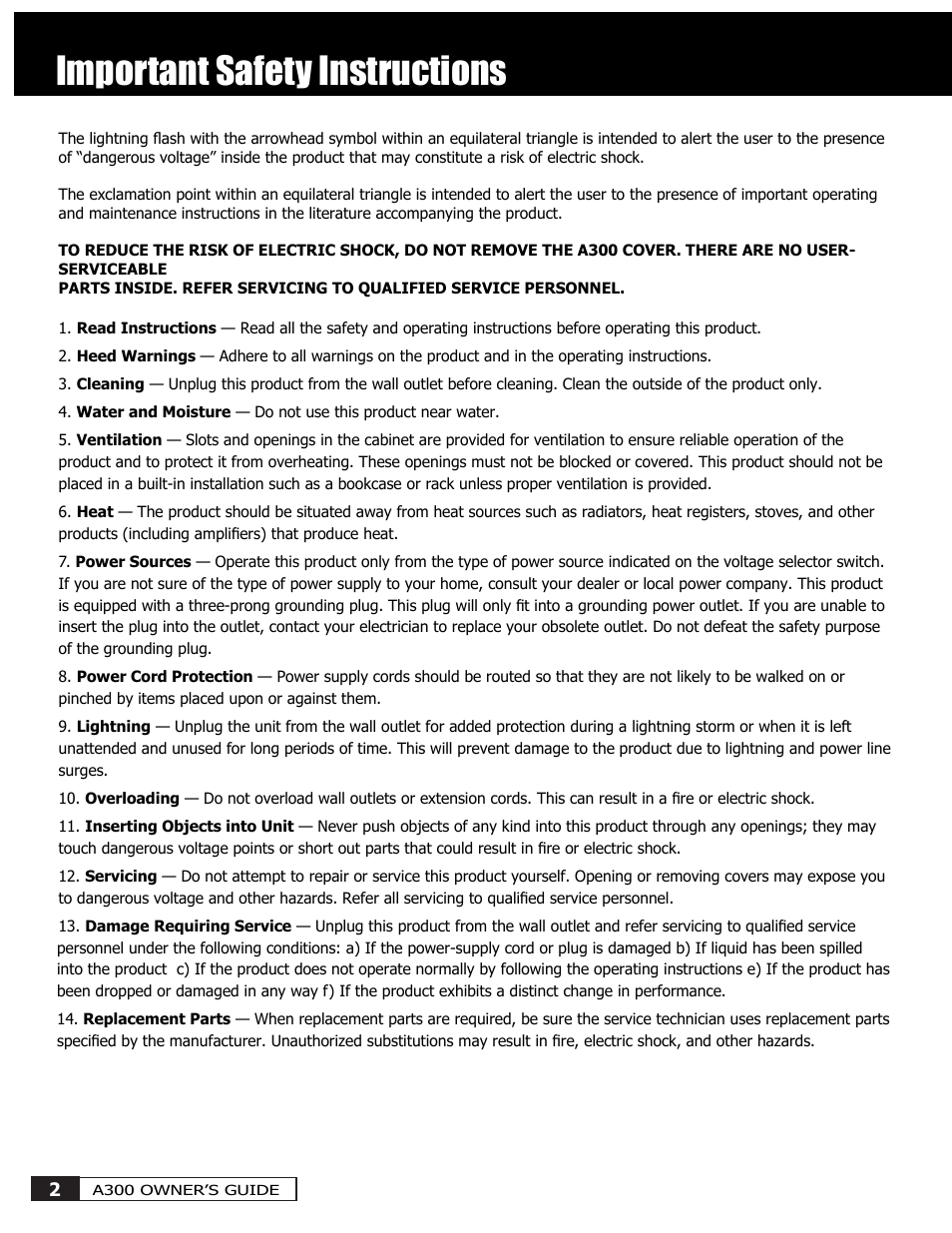 Important safety instructions | Crowson Technology A300 User Manual | Page 2 / 8