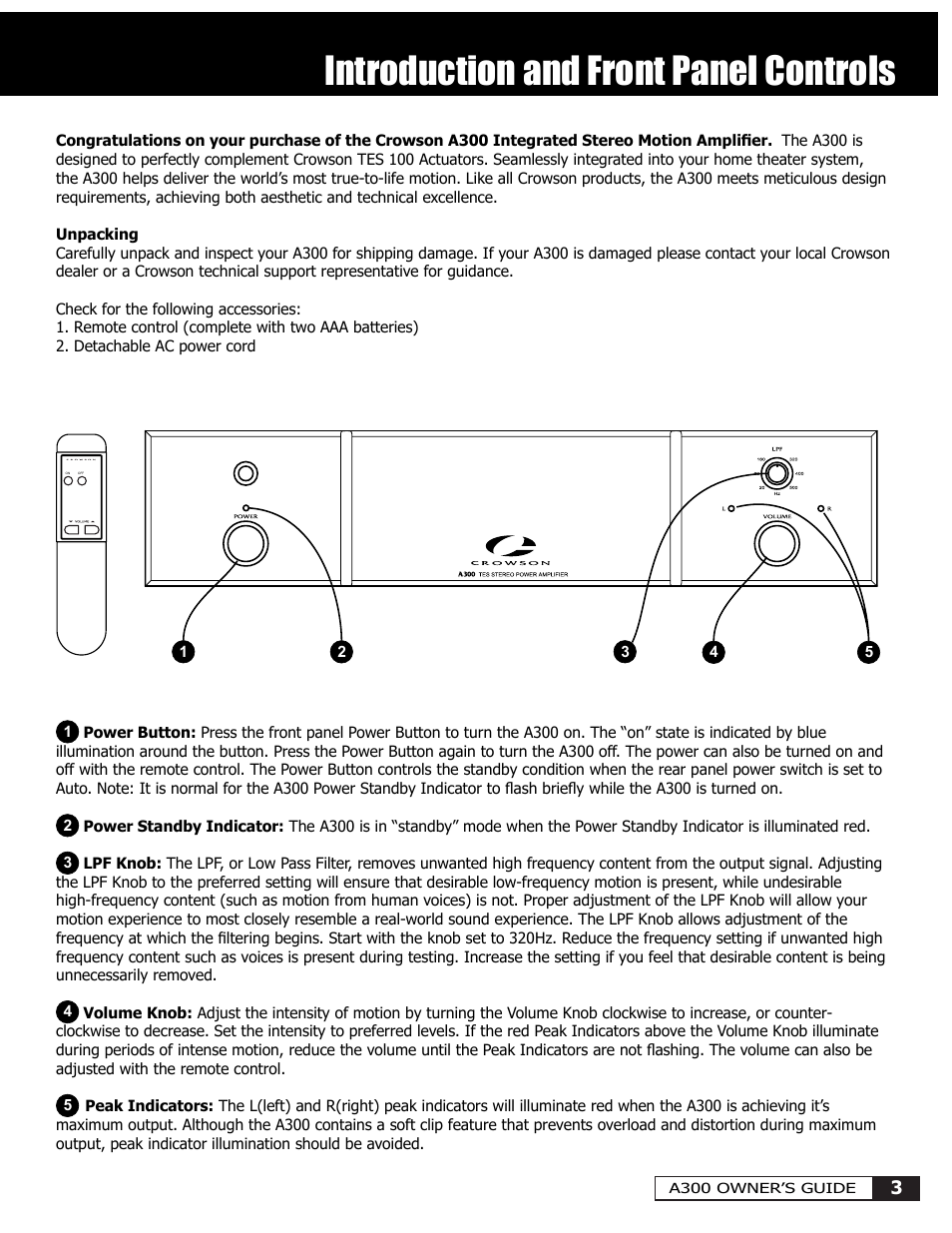 Introduction and front panel controls | Crowson Technology A300 User Manual | Page 3 / 8