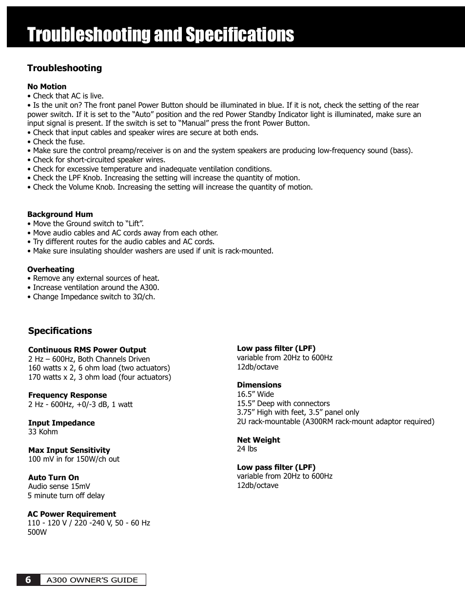 Troubleshooting and speciﬁcations | Crowson Technology A300 User Manual | Page 6 / 8