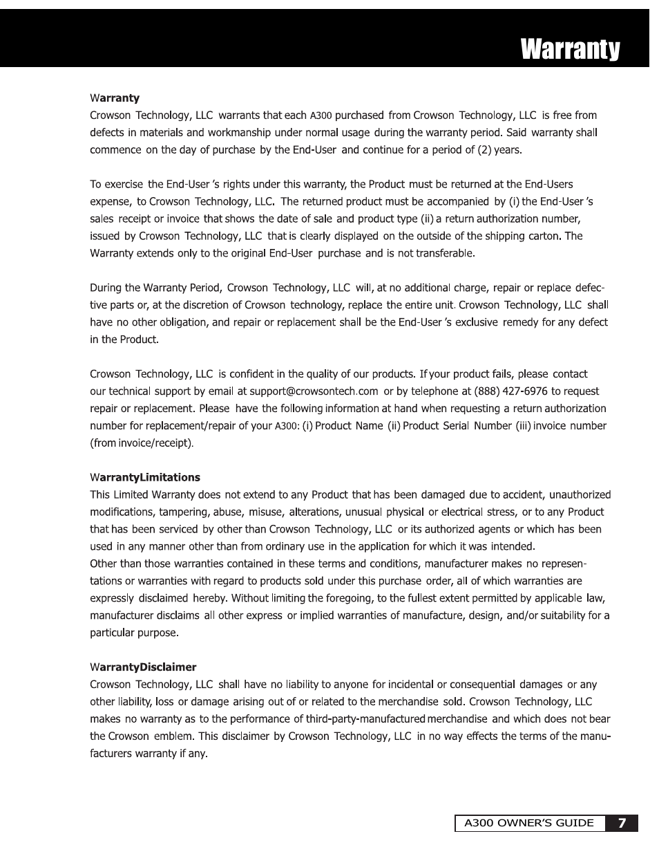 Warranty | Crowson Technology A300 User Manual | Page 7 / 8