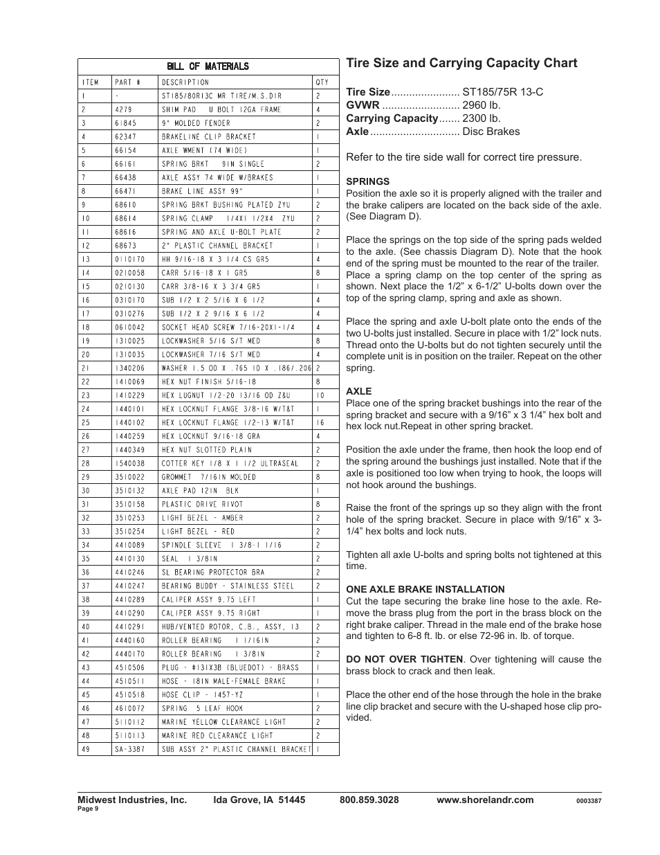 Tire size and carrying capacity chart | ShoreLand'r SLB2313BS User Manual | Page 9 / 10