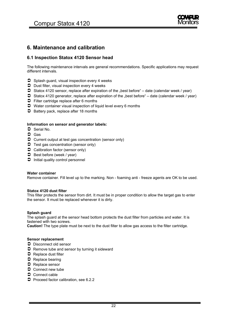 Compur statox 4120, Maintenance and calibration | Compur STATOX 4120 User Manual | Page 22 / 34