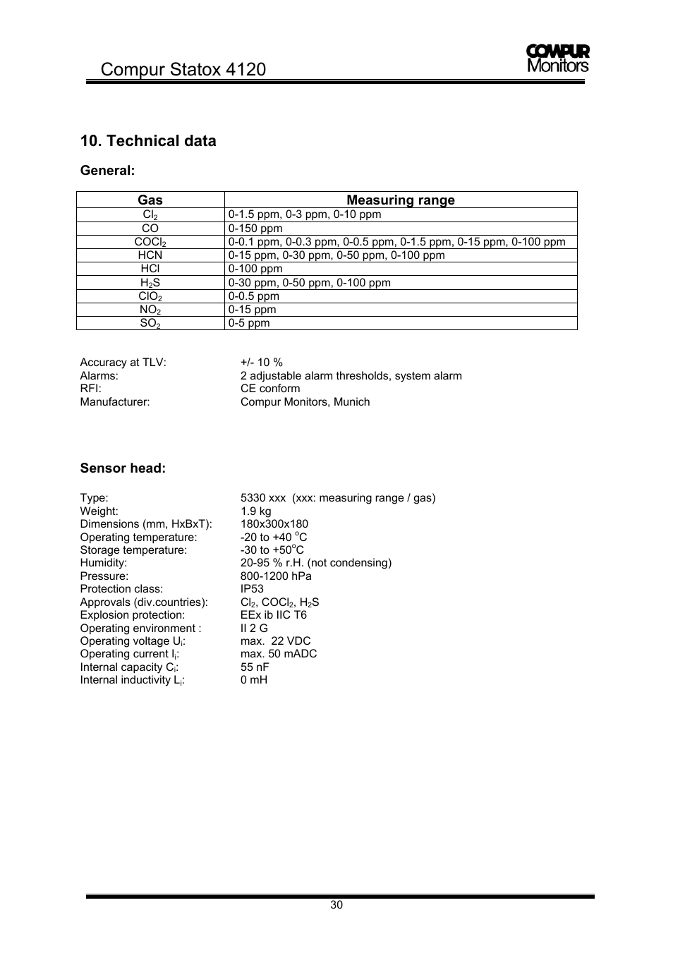 Compur statox 4120, Technical data, General | Gas measuring range, Sensor head | Compur STATOX 4120 User Manual | Page 30 / 34