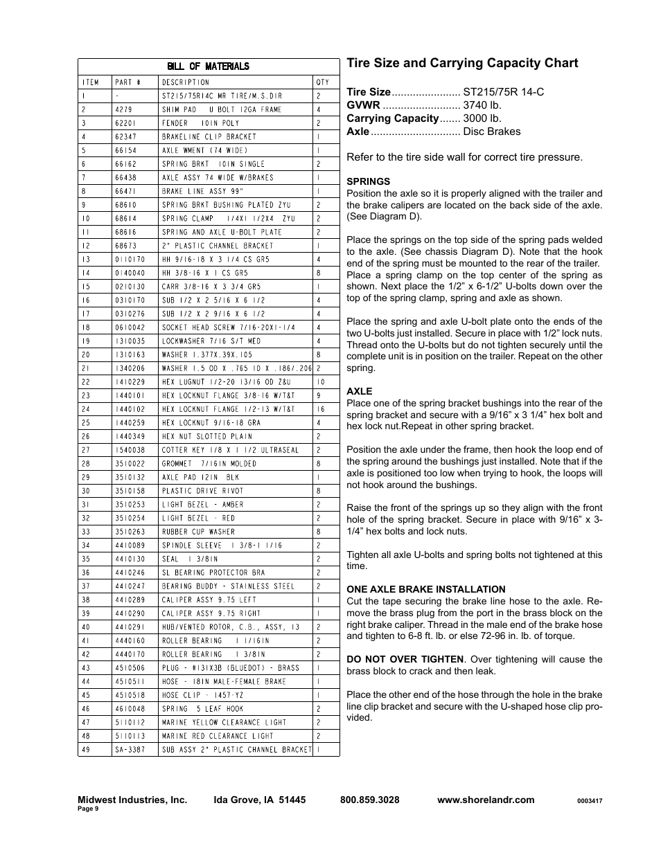 Tire size and carrying capacity chart | ShoreLand'r SLB30BS User Manual | Page 9 / 10