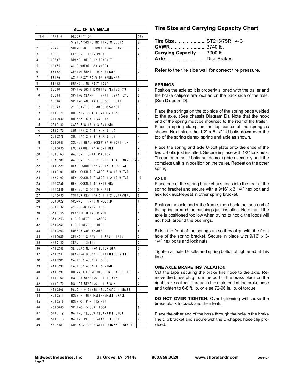 Tire size and carrying capacity chart | ShoreLand'r SLB30BSW User Manual | Page 9 / 10