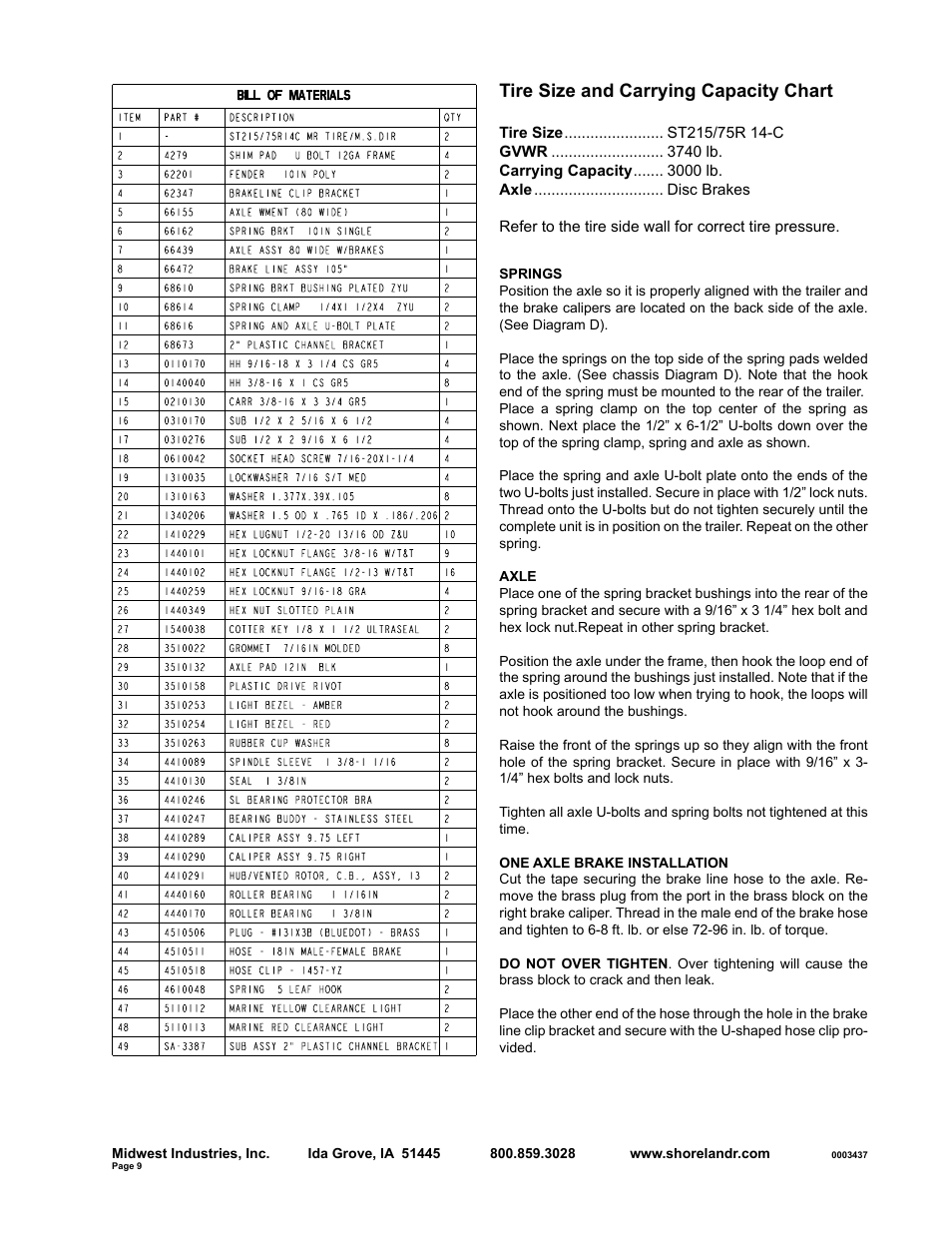 Tire size and carrying capacity chart | ShoreLand'r SLB30BXLW User Manual | Page 9 / 10