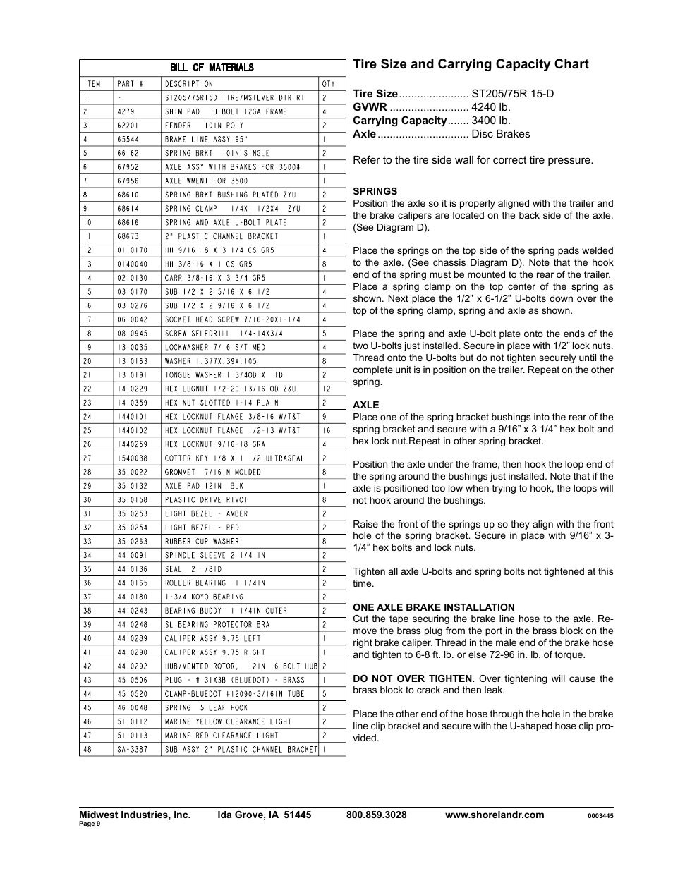 Tire size and carrying capacity chart | ShoreLand'r SLB34BXLW User Manual | Page 9 / 10