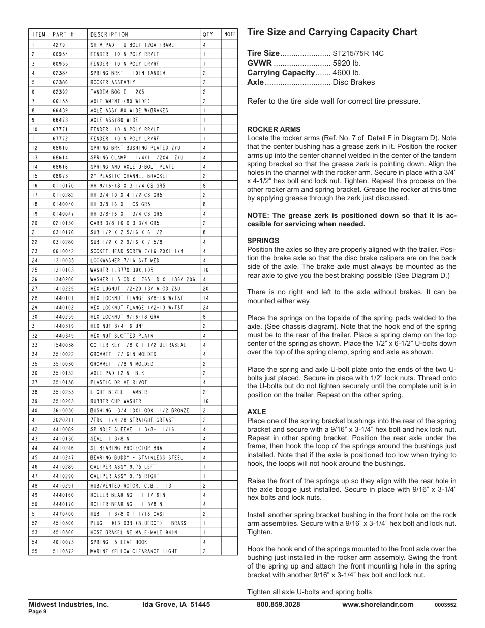 Tire size and carrying capacity chart | ShoreLand'r SLB46TABL User Manual | Page 9 / 12