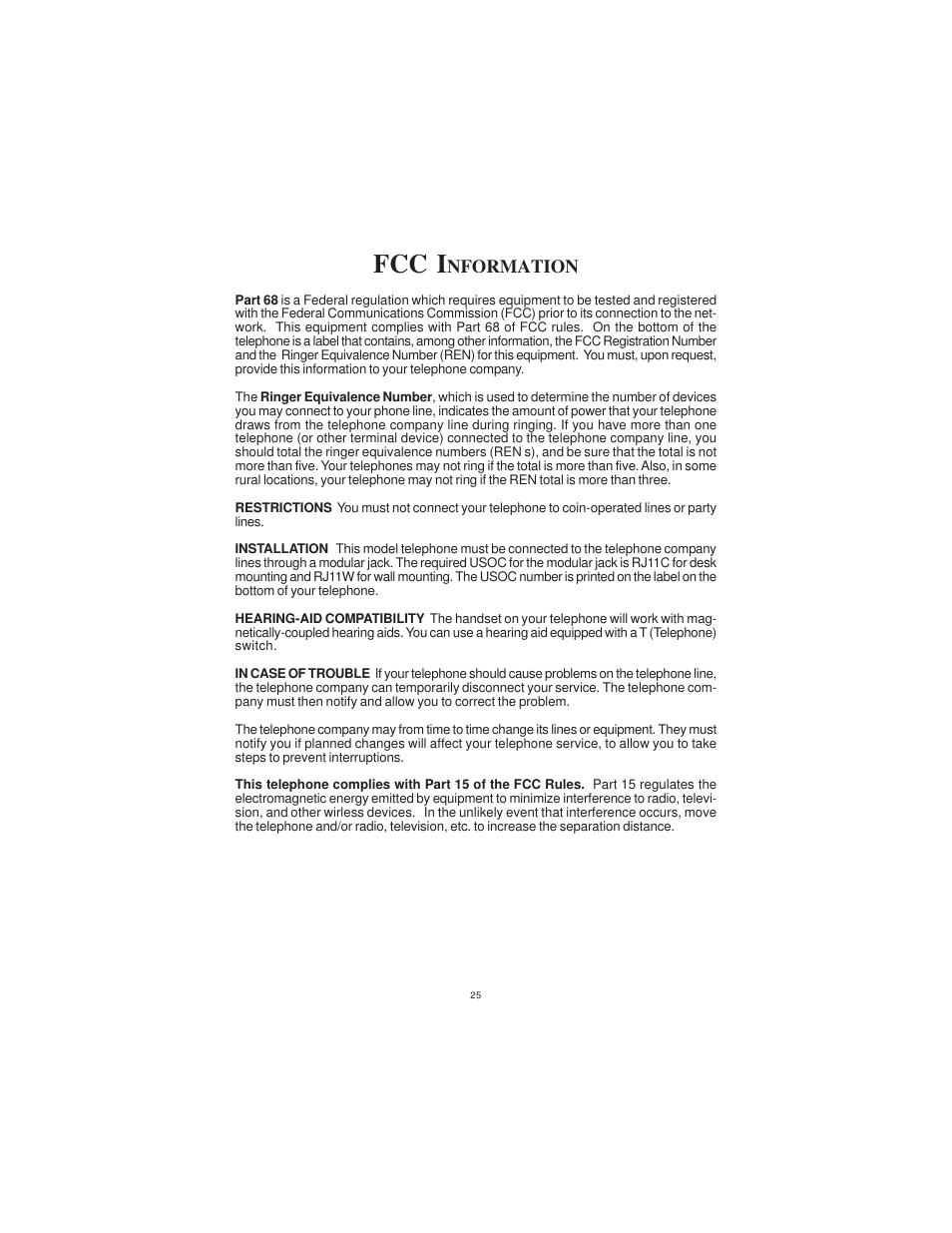 Fcc i, Nformation | Cortelco DISPOSITION PLUS 2200 User Manual | Page 25 / 26