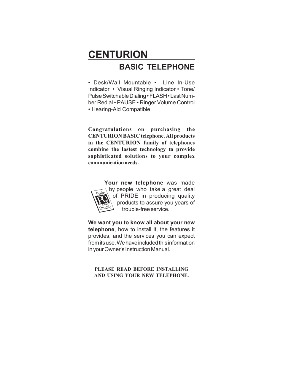 Centurion, Basic telephone | Cortelco CENTURION User Manual | Page 2 / 16