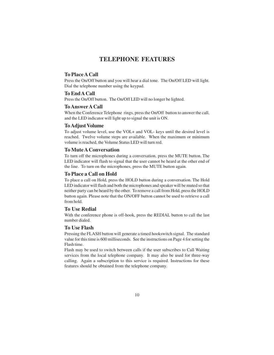 Telephone features | Cortelco CP4400 User Manual | Page 10 / 16