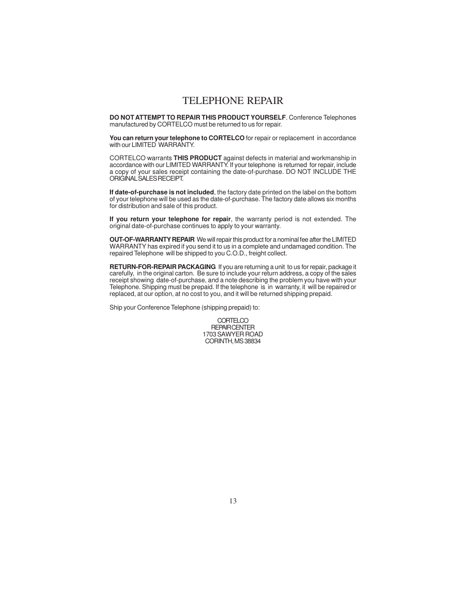 Telephone repair | Cortelco CP4400 User Manual | Page 13 / 16