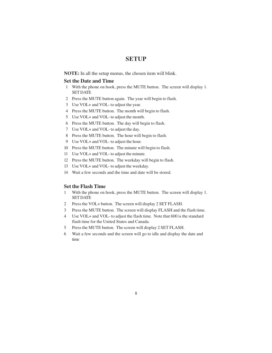 Setup | Cortelco CP4400 User Manual | Page 8 / 16