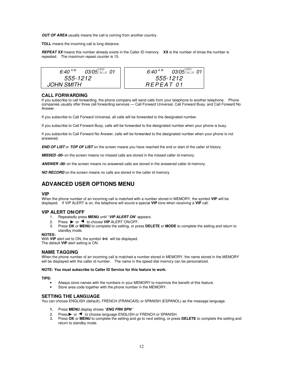 Advanced user options menu, John smith | Cortelco Dignity 2420 User Manual | Page 12 / 16