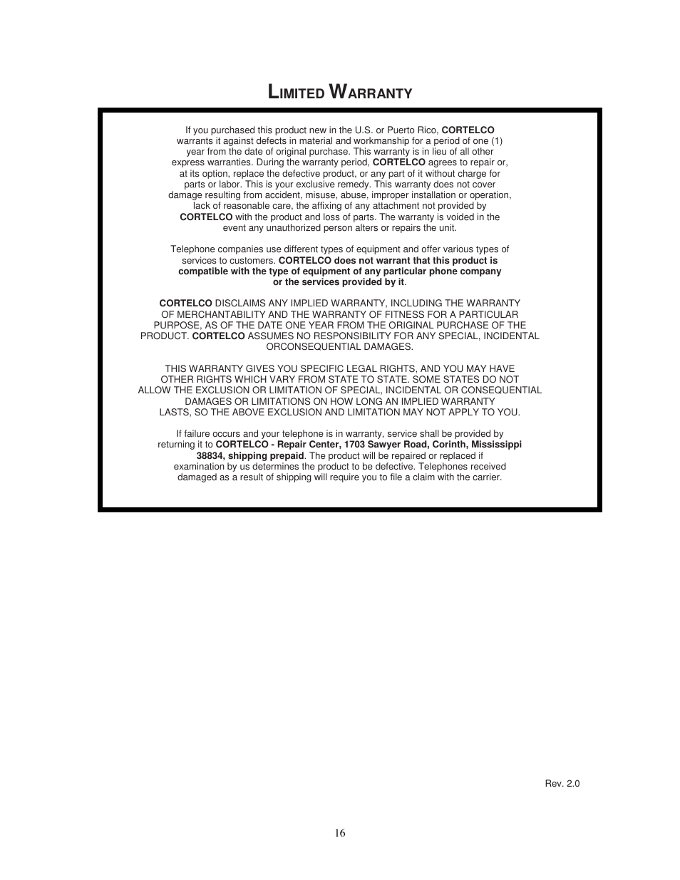 Imited, Arranty | Cortelco Dignity 2420 User Manual | Page 16 / 16