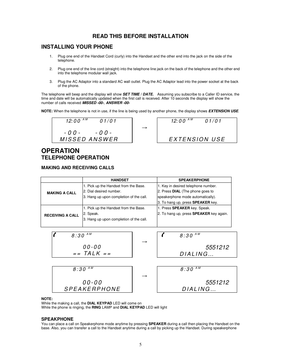 Operation, Read this before installation, Installing your phone | Telephone operation, Ta l k | Cortelco Dignity 2420 User Manual | Page 5 / 16