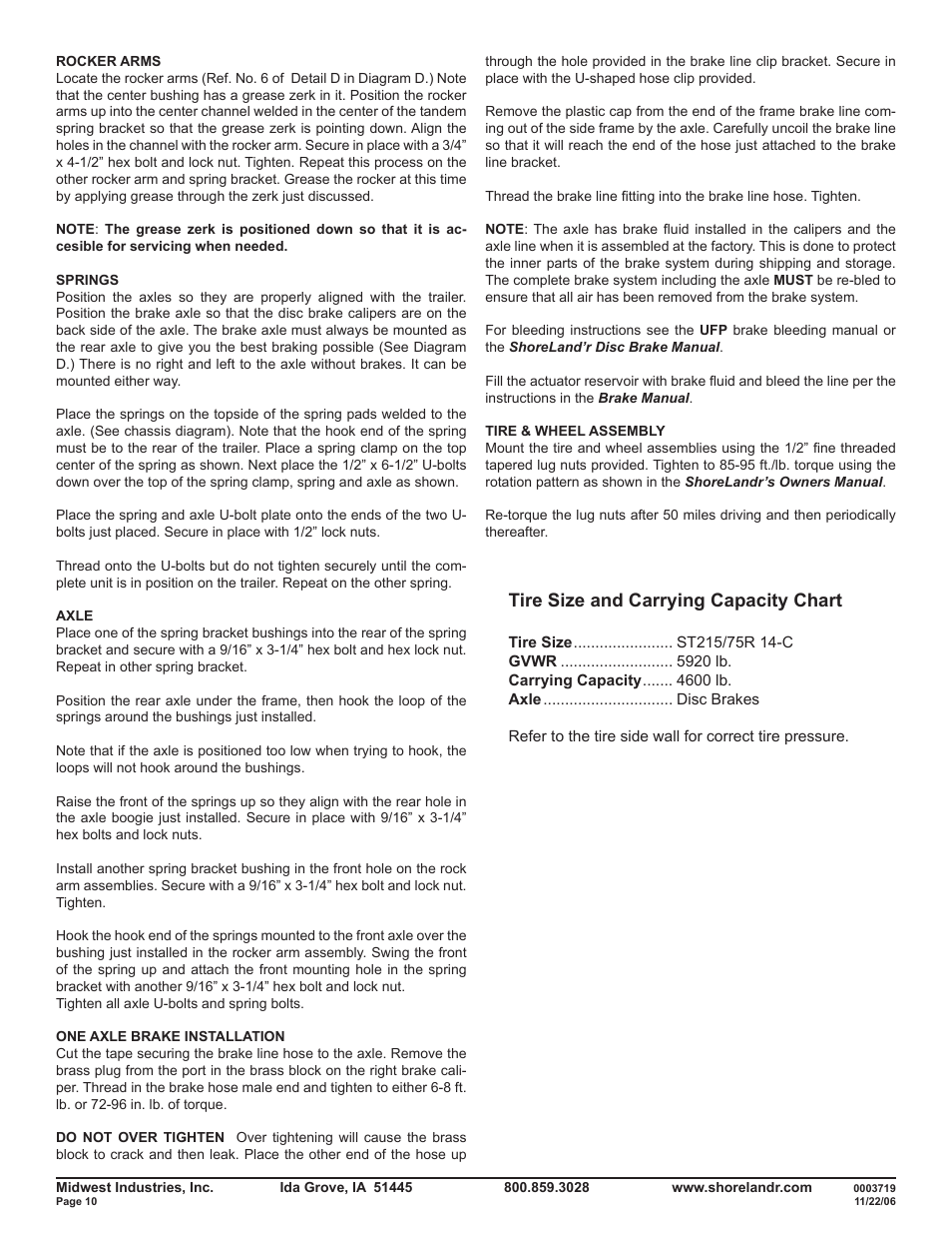 Tire size and carrying capacity chart | ShoreLand'r SLR46TABBS User Manual | Page 10 / 14