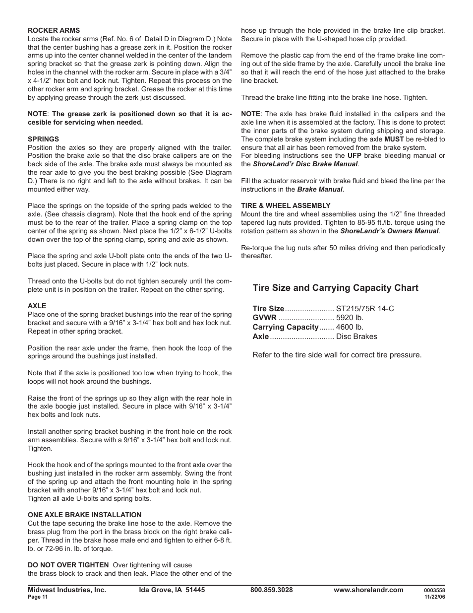 Tire size and carrying capacity chart | ShoreLand'r SLR46TABL User Manual | Page 11 / 14