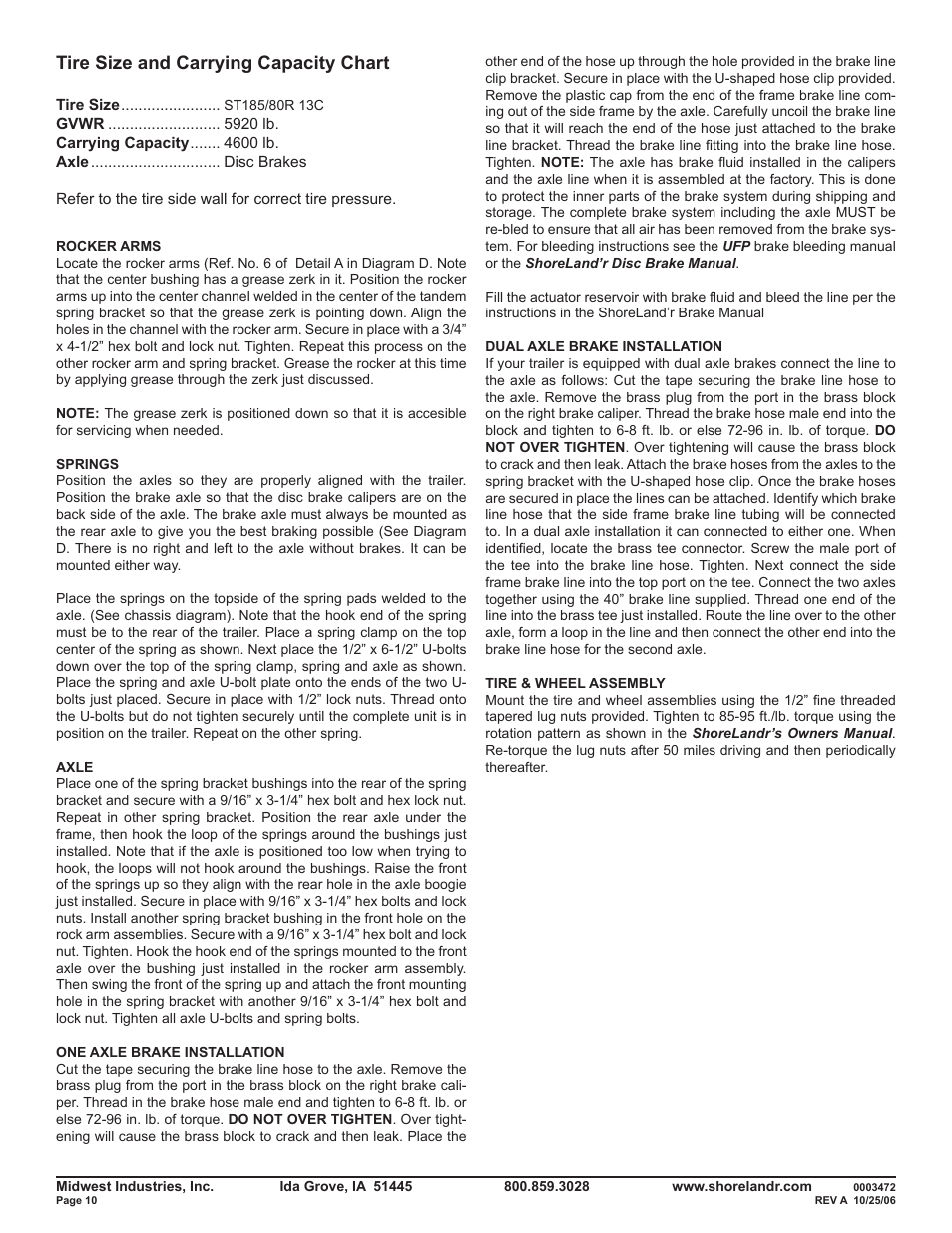 Tire size and carrying capacity chart | ShoreLand'r SLR46TBBS V.2 User Manual | Page 10 / 14