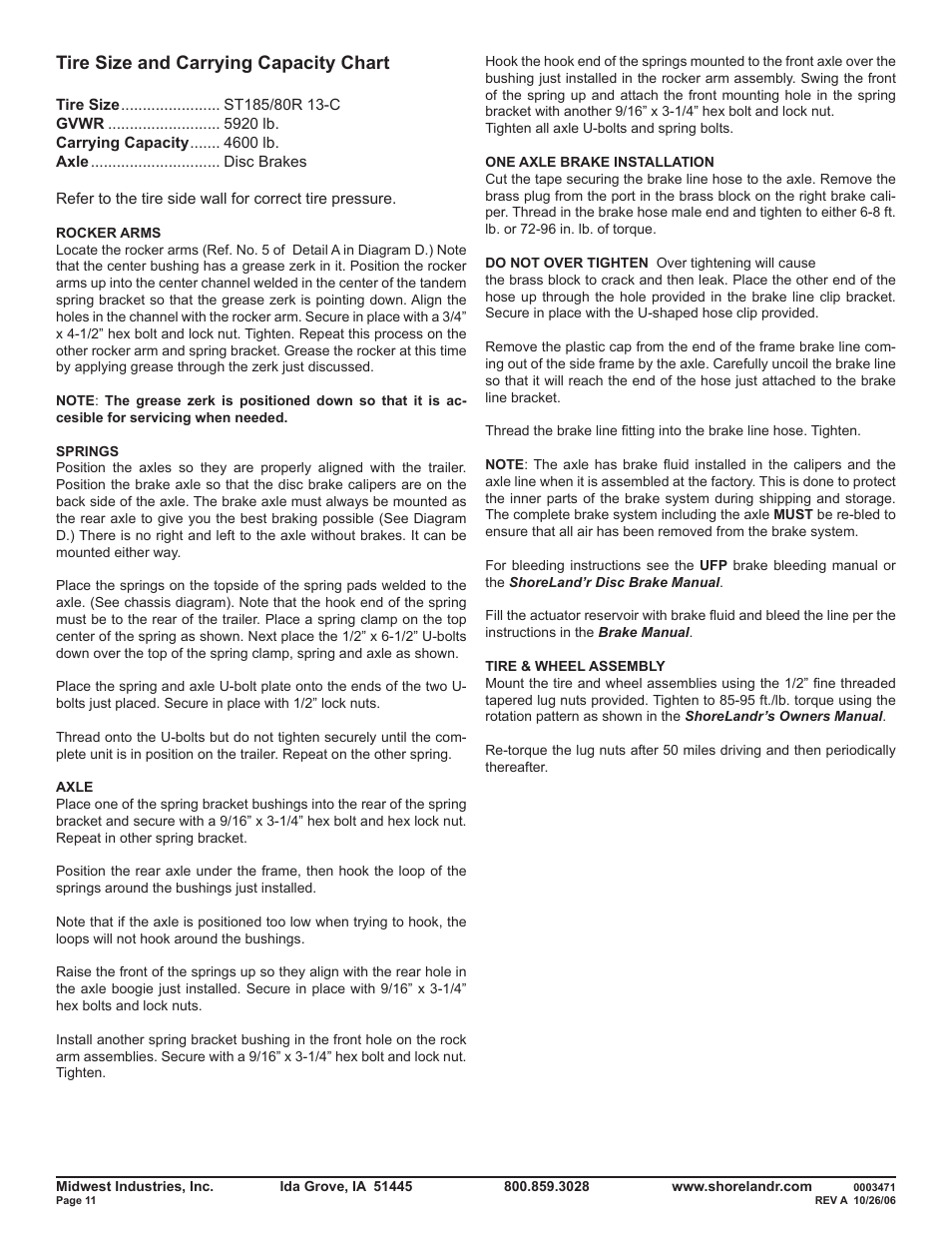 Tire size and carrying capacity chart | ShoreLand'r SLR46TBS V.1 User Manual | Page 11 / 14