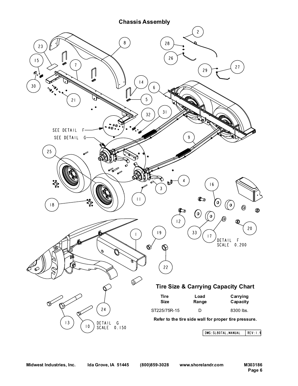 Tire size & carrying capacity chart, Chassis assembly | ShoreLand'r SLR83TAL User Manual | Page 6 / 16